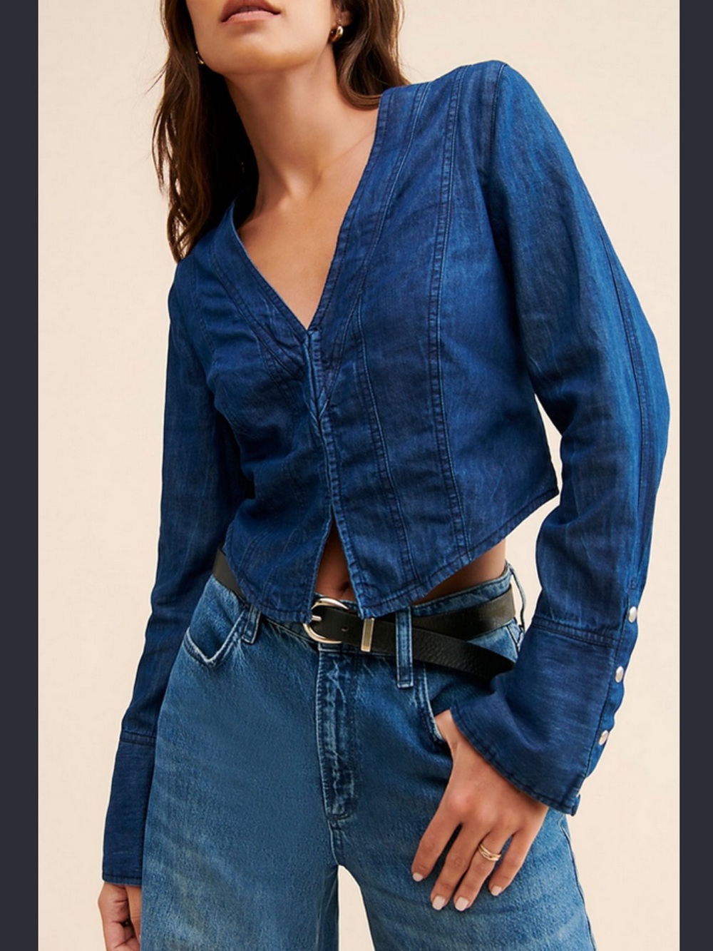 Free People Caroline Denim Top – Size Small Blue Flare Sleeve